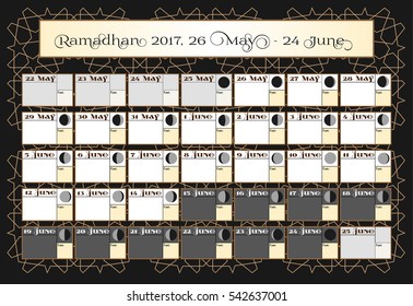 Ramadan calendar 2017, 26th May. Check date choice. Includes: fasting tick calendar, moon cycle - phases, 30 days of Ramadan on black background with Islamic pattern. Vector illustration