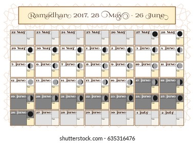 Ramadan calendar 2017, 28th May. Check date choice. Includes: fasting tick calendar, moon cycle - phases, 30 days of Ramadan on white background with Islamic pattern. Vector illustration