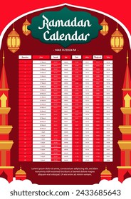 Ramadan calendar 2024 for Prayer times in Ramadan. Imsakia design template. Translate: Jadwal Imsakiyah Ramadhan 