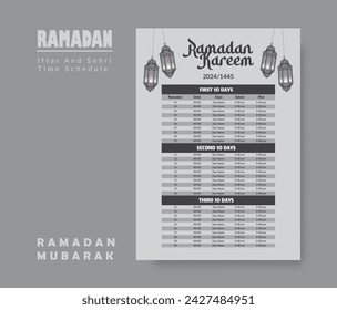 Ramadan Kalender Design Template 2024, Ramadan Zeitplan, Imsakia Entwurf für Ramadan Kareem 2024 - 1445 Gebetszeiten in Ramadan, Islamischer Kalender und Sehri Ifter Zeitplan.