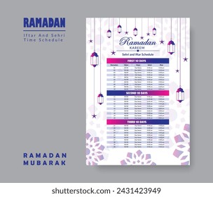 Ramadan Calendar Design Template 2024, Ramadan schedule, Imsakia design for Ramadan Kareem 2024 - 1445 Prayer times in Ramadan, Islamic Calendar and Sehri Ifter time Schedule.