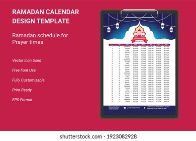 Ramadan Calendar Design Template. Islamic Calendar And Sehri Ifter Time Schedule. Hijri Islamic Calendar 2021. Ramadan Calendar, Ramadan Schedule For Prayer Times In Ramadan