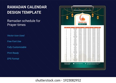 Ramadan Calendar-Designvorlage. Islamischer Kalender und Sehri Ifter Zeitplan. Hijri-islamischer Kalender 2021. Ramadan-Kalender, Ramadan-Zeitplan für die Gebetszeiten in Ramadan
