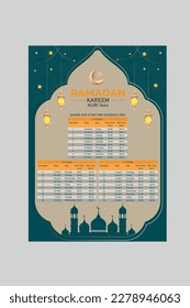 Plantilla de diseño de calendario de Ramadán. Calendario Islámico y cronograma de Iftar saharaui. Calendario islámico de Hijri 2023. Calendario de Ramadán, horario de Ramadán para las horas de oración en Ramadán