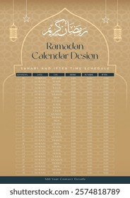 Ramadan Calendar Design Template. Islamic Calendar and Sehri Ifter time Schedule. Ramadan Kareem Flyer Design