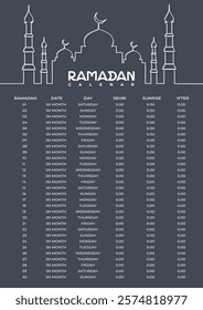 Ramadan Calendar Design Template. Islamic Calendar and Sehri Ifter time Schedule. Ramadan Kareem Flyer Design