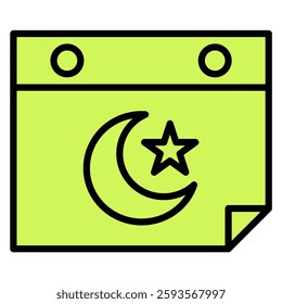 Ramadan calendar icon in yellow featuring a moon and star symbolizing Islamic tradition perfect for festive designs and greetings