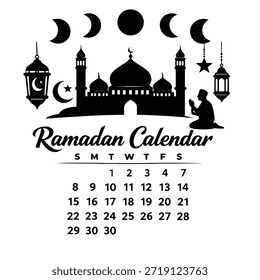 Ilustración del calendario de Ramadán con la silueta de la mezquita, las fases de la luna creciente y la figura de oración, adecuada para la planificación de vacaciones islámicas, eventos espirituales, horarios de Ramadán y celebración de Eid 