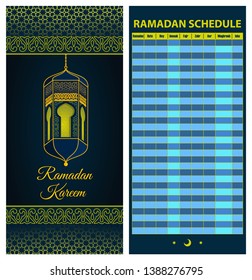 Ramadan Calendar Schedule - Fasting, Iftar and Prayer time table Guide. Translation: Holy Ramadan. Morning, Sunrise, Noon, Afternoon, Evening, Night