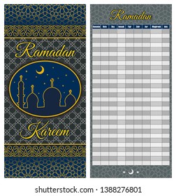 Ramadan Calendar Schedule - Fasting, Iftar and Prayer time table Guide. Translation: Holy Ramadan. Morning, Sunrise, Noon, Afternoon, Evening, Night