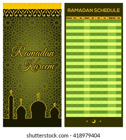 Ramadan Calendar Schedule - Fasting, Iftar and Prayer time table Guide. Translation: Holy Ramadan. Morning, Sunrise, Noon, Afternoon, Evening, Night