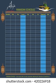 Ramadan Calendar Schedule - Fasting, Iftar and Prayer time table Guide. Translation of calligraphy is Holy Ramadan.  Translation of tabel titles are Morning, Sunrise, Noon, Afternoon, Evening, Night