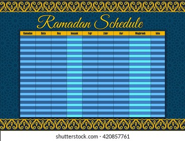 Ramadan Calendar Schedule - Fasting, Iftar and Prayer time table Guide. Translation: Holy Ramadan. Morning, Sunrise, Noon, Afternoon, Evening, Night