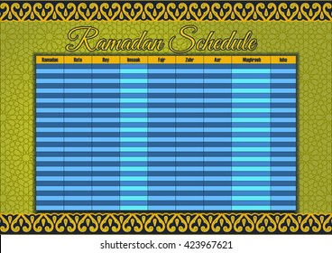 Ramadan Calendar Schedule - Fasting, Iftar and Prayer time table Guide. Translation: Holy Ramadan. Morning, Sunrise, Noon, Afternoon, Evening, Night