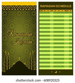 Ramadan Calendar Schedule - Fasting, Iftar and Prayer time table Guide. Translation: Holy Ramadan. Morning, Sunrise, Noon, Afternoon, Evening, Night