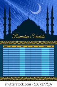 Calendario de Ramadán - Guía de ayuno y tiempo de oración. Ilustración vectorial