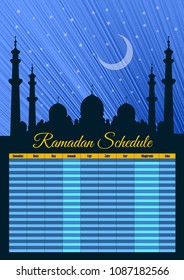 Ramadan Calendar Schedule - Fasting and Prayer time Guide. Vector illustration