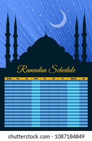 Ramadan Calendar Schedule - Fasting and Prayer time Guide. Vector illustration