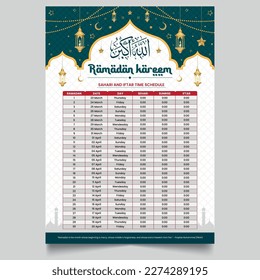 Plantilla de calendario de Ramadán con fecha y horario