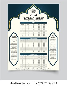 Ramadan Calendar Template design for social media and print 2024. Ramadan sehri iftar timetable calendar.