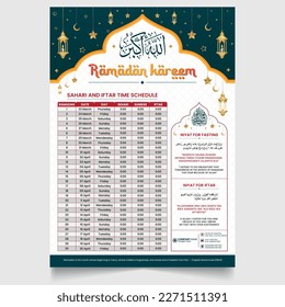 Ramadan calendar template with sheri and iftar time schedule table