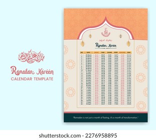 Ramadan Calender 2023 With Prayer times in Ramadan. Ramadan Schedule - Fasting, Iftar, and Prayer timetable. Islamic background design with mosque and lamp.