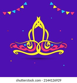 Ramadan Calligraphy In Arabic Language And Bunting Flags Decorated On Violet Background.