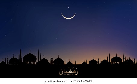 Caligrafía de Ramadán con mezquitas domesticas, luna creciente sobre el fondo del cielo oscuro, Vector islámico, religión musulmana mes de Ramadán generoso, Luna nueva, hora de oración. Eid Mubarak, Eid al Adha, Eid al Fitr 