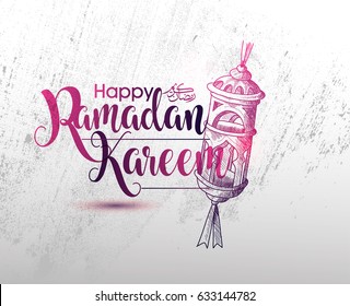 Ramadan Calligraphy Vector with Hand drawn Fanous Lantern with Grunge Background. You can use for Poster, Greeting card and Invitation Card.