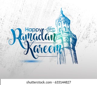 Ramadan Calligraphy Vector with Hand drawn Mosque tower with Grunge Background. You can use for Poster, Greeting card and Invitation Card.