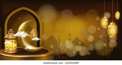 Ramadan candle lantern string hanging on bokeh background. Islamic podium banner layout