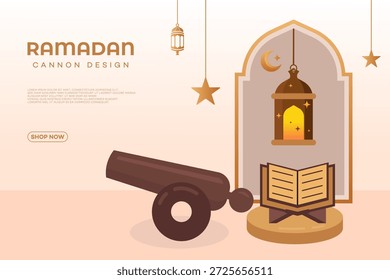 Anuncio de Vector plano de diseño de cañón de Ramadán para la celebración del mes sagrado islámico. Presenta cañón tradicional, linterna brillante, luna creciente y Corán. Ideal para promociones de comercio electrónico con Shop Now pero...