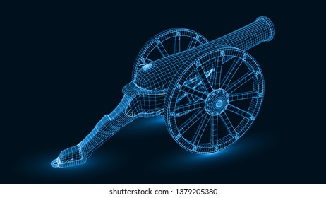 ramadan cannon with glowing wireframe design. suitable for ramadan, islam and technology themes. 3d style vector illustration