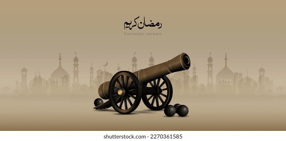 El diseño vectorial de cañón de Ramadán con mezquitas de Silhouette en el fondo y la caligrafía árabe significa: (Ramadan Kareem) 