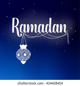 Ramadan card. Arabic lantern. Night sky with stars. Invitation for muslim holy month Ramadan Kareem. Stock vector background.