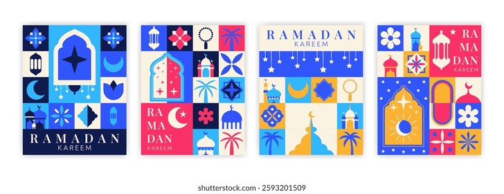 Ramadan card. Eid Islam pattern. Arab Mubarak background. Bauhaus geometric shapes. Muslim graphic poster. Oriental lantern. Ramadan Kareem art. Modern squares mosaic. Vector garish banners design set