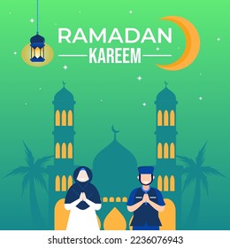 Ramadan-Karte flache Vektorgrafik mit orangefarbenem Text auf Moschee-Silhouette-Hintergrund und menschlichem Charakter, der fröhlich und glücklich ist, den heiligen Monat willkommen zu heißen.