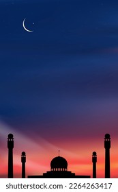 Ramadan card with Mosques dome,Crescent moon on blue sky background,Vertical banner Ramadan Night with twilight dusk sky for Islamic religion,Eid al-Adha,Eid Mubarak,Eid al fitr,Ramadan Kareem