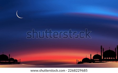 Ramadan card with Mosques dome,Crescent moon on blue sky background,Vertical banner Ramadan Night with twilight dusk sky for Islamic religion,Eid al Adha,Eid Mubarak,Eid al fitr,Ramadan Kareem