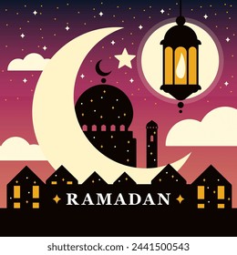 Ramadan card. Silhouette of a mosque and a house, night and crescent and stars, a lantern hanging