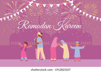 Ramadan card with temple silhouettes background ornate text and cheerful human characters of muslim family members vector illustration