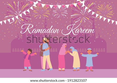 Ramadan card with temple silhouettes background ornate text and cheerful human characters of muslim family members vector illustration