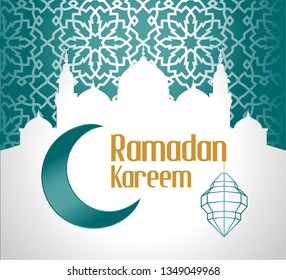 Ramadan cards with geometric patterns, crescent moon, lanterns and mosques are green tousca