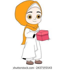 Ramadan cartoon doodle illustration of charity, a beautiful Muslim girl in a hijab brings a surprise donation, creative drawing 