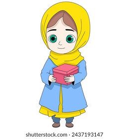 Ramadan cartoon doodle illustration of charity, little girl is bringing gifts to poor people, creative drawing 