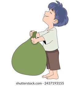 Ramadan cartoon doodle illustration of charity, a poor boy is receiving a large bag of wealth donations, creative drawing 