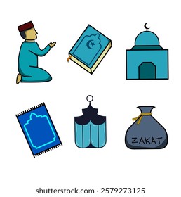 Ramadan cartoon vector set. Muslim icon set images during Ramadan and Eid al-Fitr. Ramadan activities cartoon stickers. Ramadhan Doodle in flat cartoon style