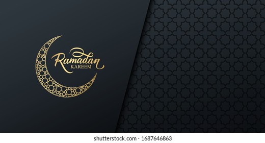 Ramadan celebrate banner with golden colored handwritten inscription Ramadan Kareem, gold crescent moon and black arabic pattern. Muslim holy month vector illustration.