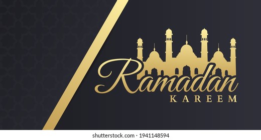 Ramadan celebrate banner with golden colored handwritten inscription Ramadan Kareem, gold text and mosque. Muslim holy month islamic ornament background.