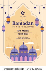 Ramadan Celebration. Ramadan background. March 10. Vector illustration design Template for Poster, Banner, Flyer, Card, Post, Cover, Postcard. Ramadan Kareem. Ramadan Mubarak. Islamic greeting.